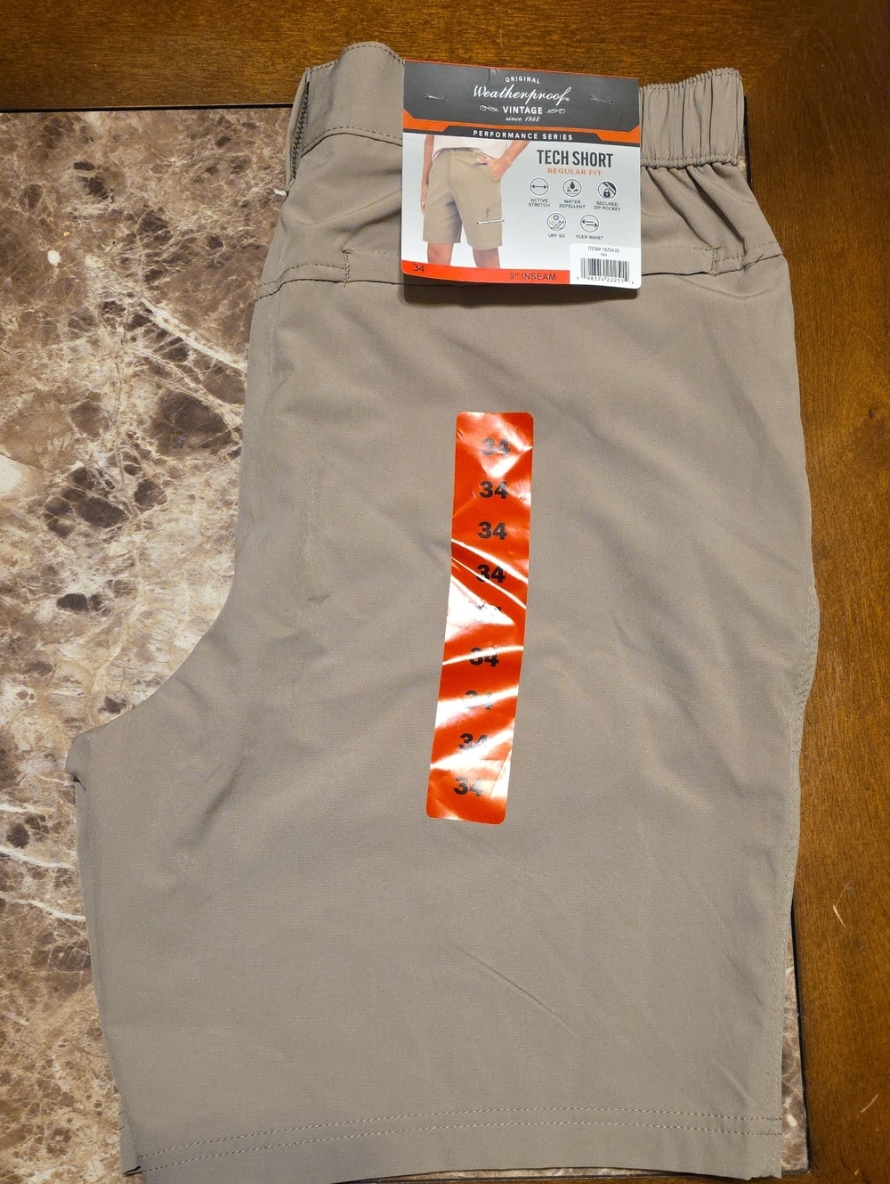 Weatherproof Men's Tan Tech Shorts with Zip Pocket